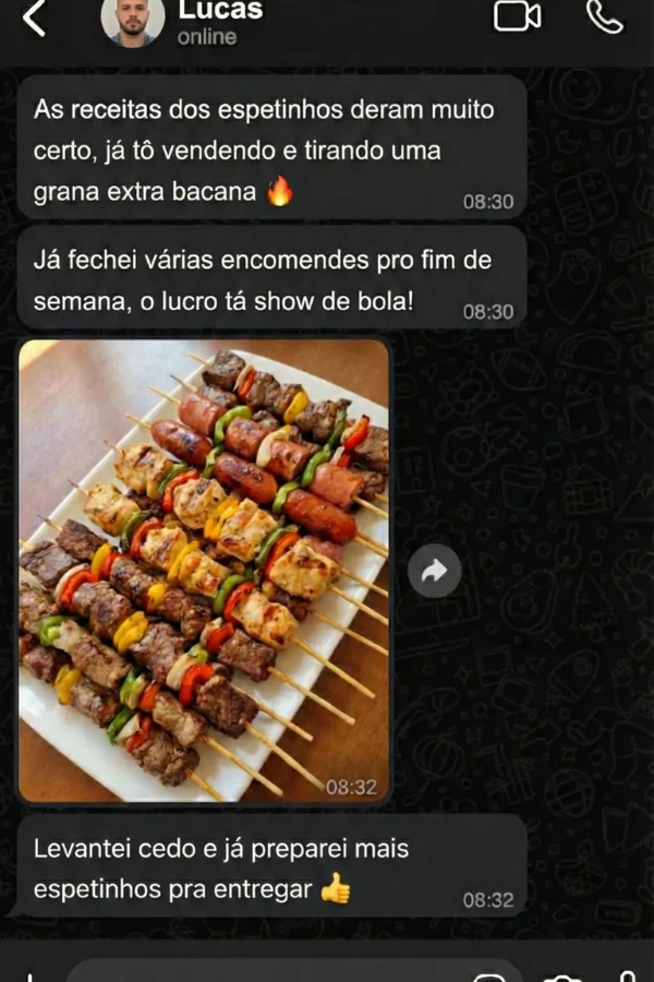 Depoimento de Lucas - As receitas dos espetinhos deram muito certo, já tô vendendo e tirando uma grana extra bacana